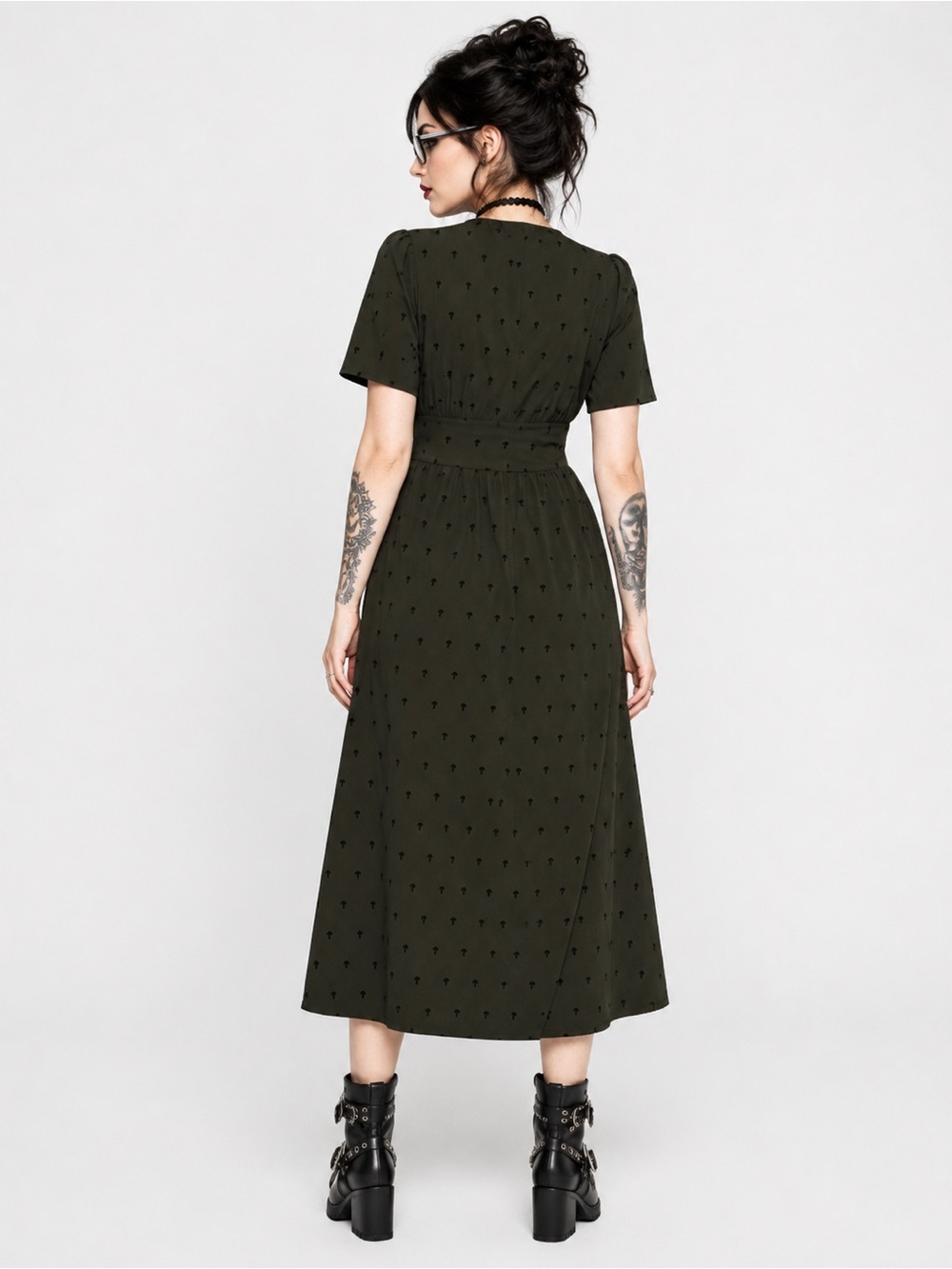 NWT DISTURBIA Chanterelle V-Neck Midaxi Dress, Size 8, Gothic, Cute Mushrooms. - Picture 2 of 5
